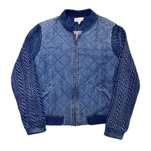 ANTHROPOLOGIE Cloth & Stone Women Quilted Denim Blue Bomber Jacket Knit Sleeves